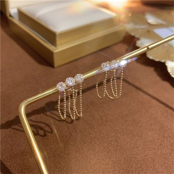 Metal mesh zircon chain tassel earrings-1