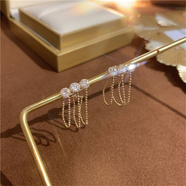 Metal mesh zircon chain tassel earrings-1