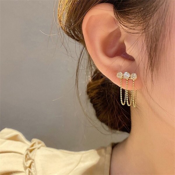 Metal mesh zircon chain tassel earrings-2